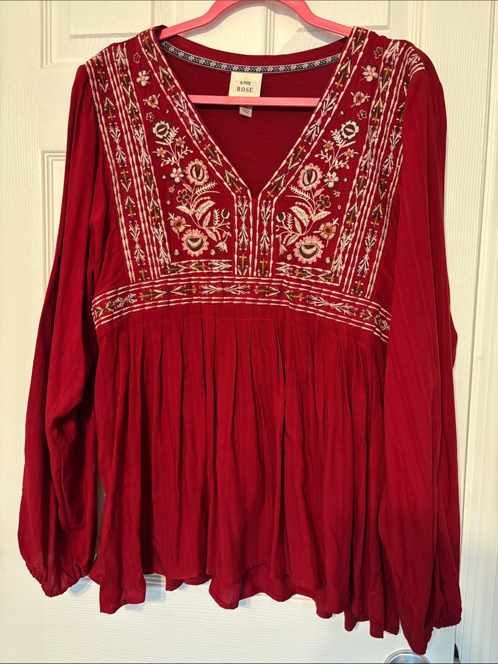 Knox Rose Red Embroidered Boho Peasant Top